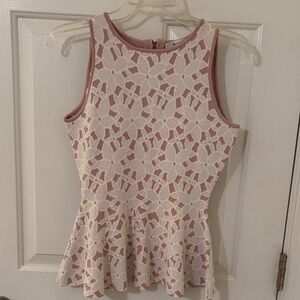 MILLY: Cream and Pink Lace Peplum knit top